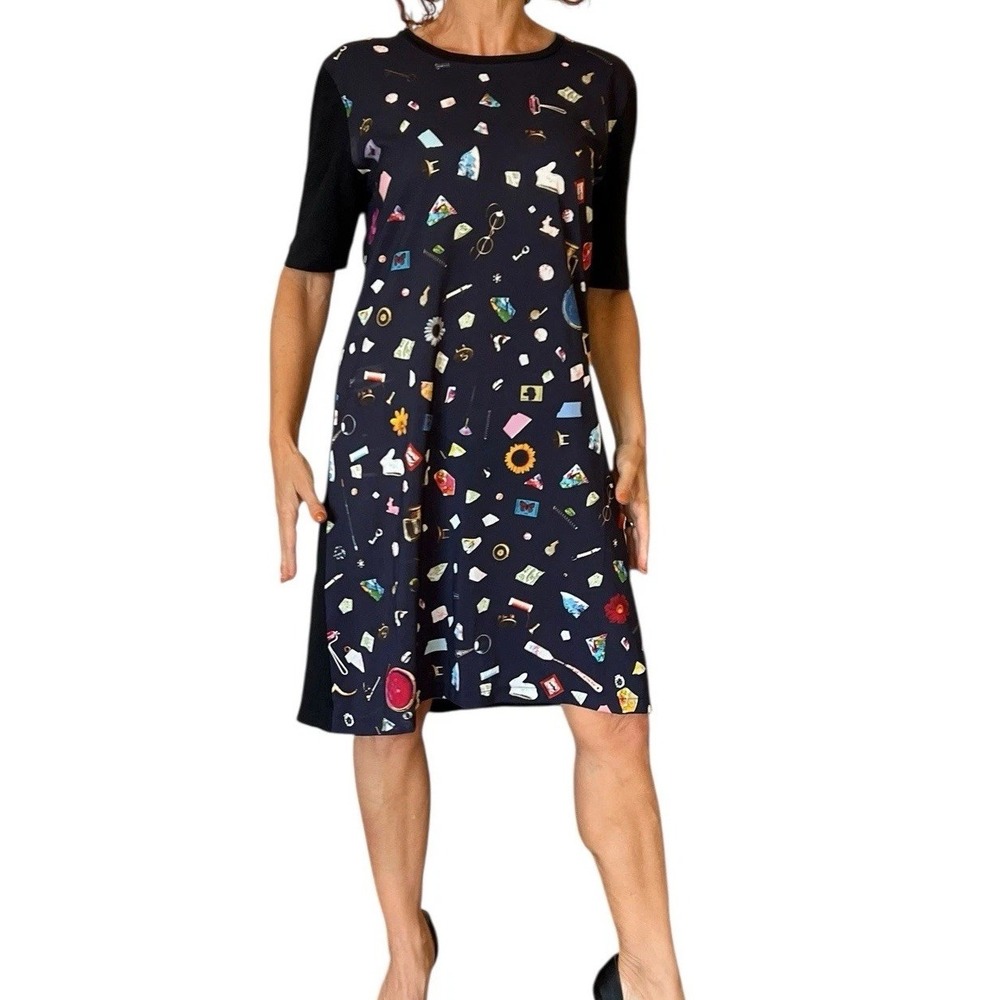 PS Paul Smith Women's Large Navy Blue Dress Object Abstract Print Short Sleeve